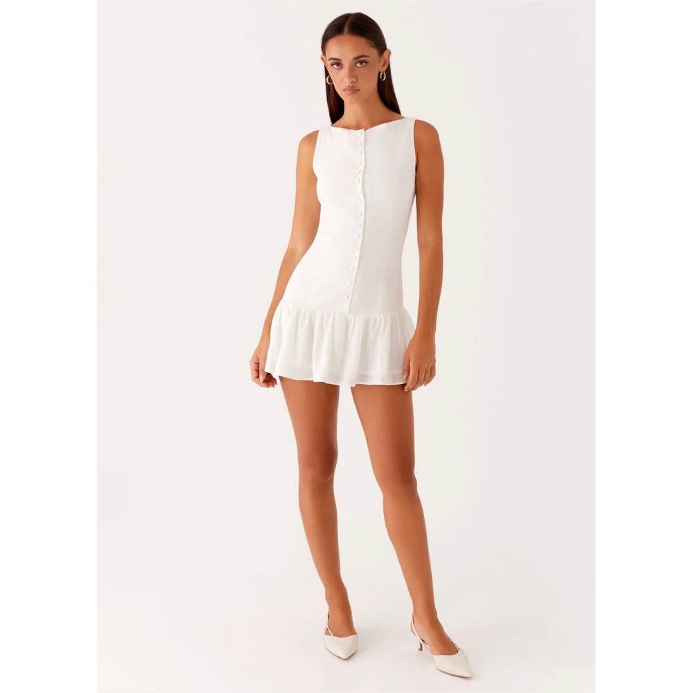 Peppermayo Meggie White Linen Blend Button Ruffle Mini Dress XS US 2 Coquette